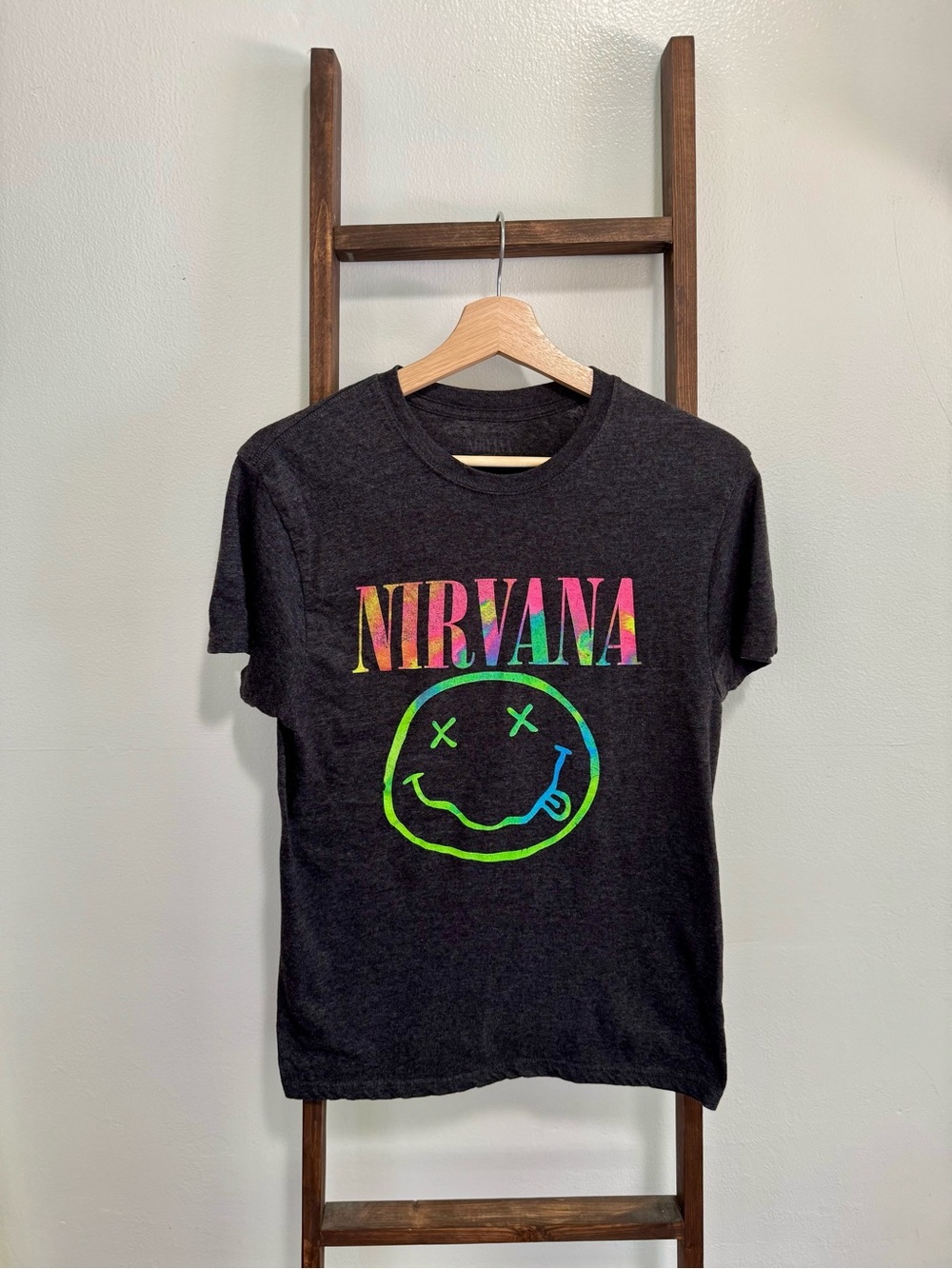 NIRVANA Charcoal Tee with Neon Logo and Neon Green Smiley